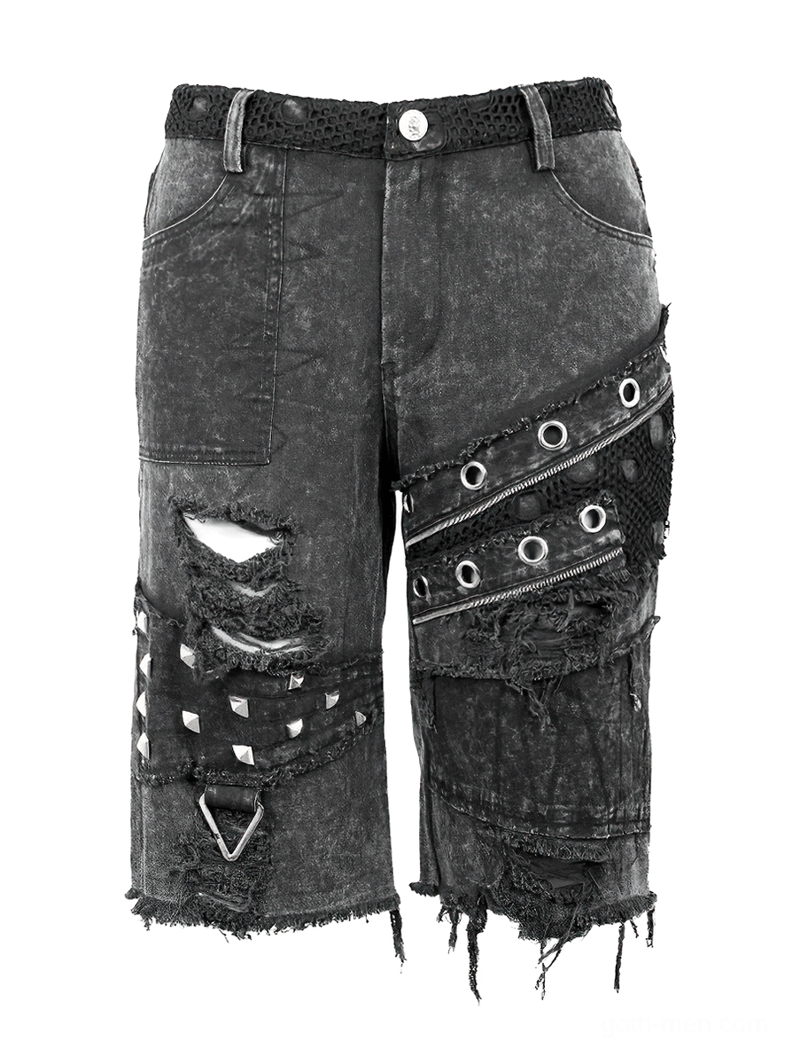 Flat lay front view of black gothic punk shorts with rivet eyelet patches and distressed ripped design on white background