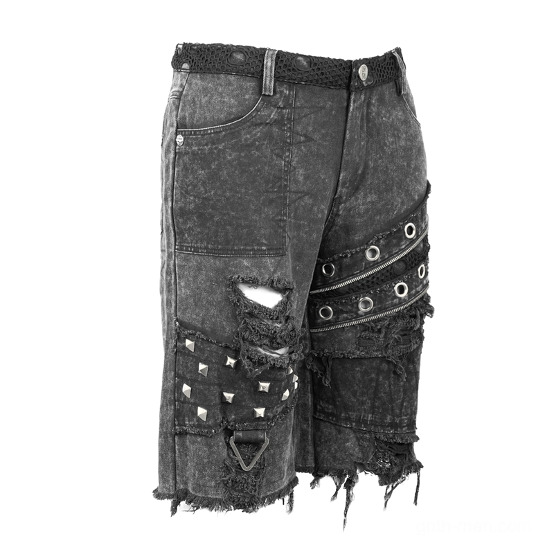 Front view of gothic punk shorts with ripped side distressing eyelet strap details and metal rivet accents frayed hem