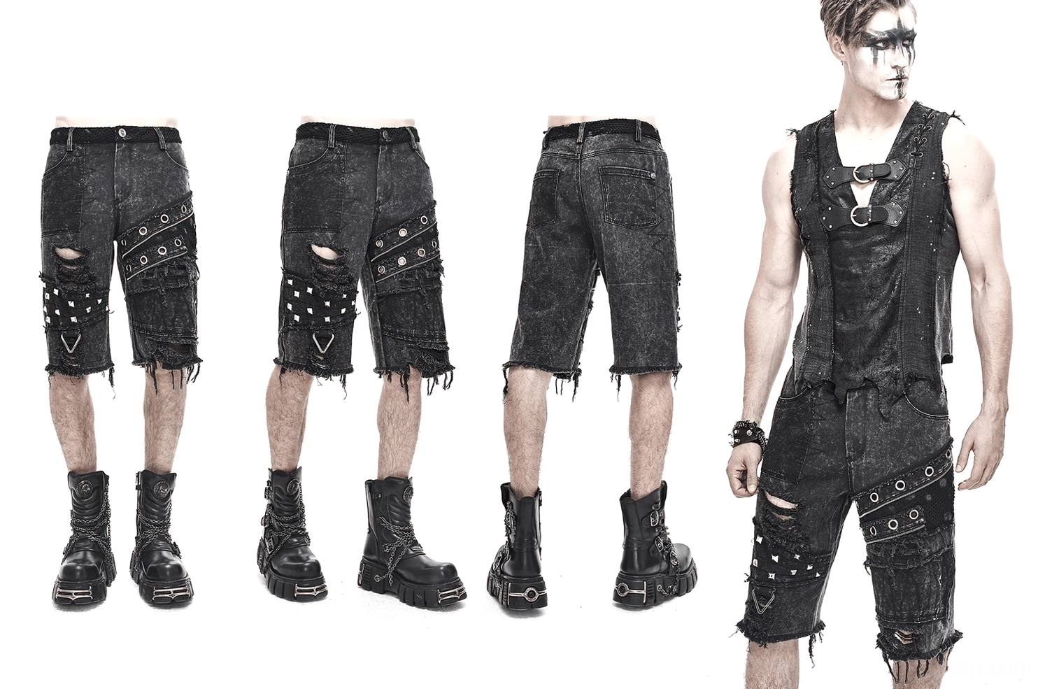 Full product photography of black denim gothic punk shorts with all decorative rivets eyelet details and distressed design visible
