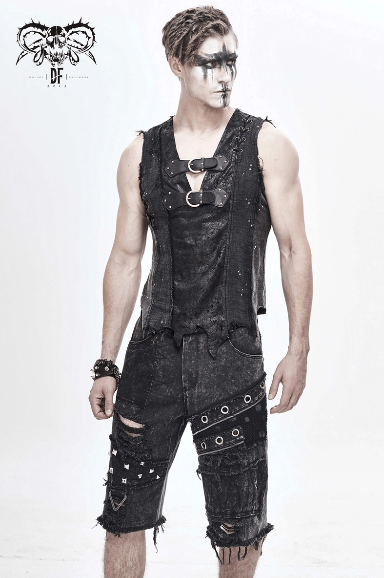 Gothic punk shorts close up showing intricate rivet eyelet and distressing work on premium black denim fabric