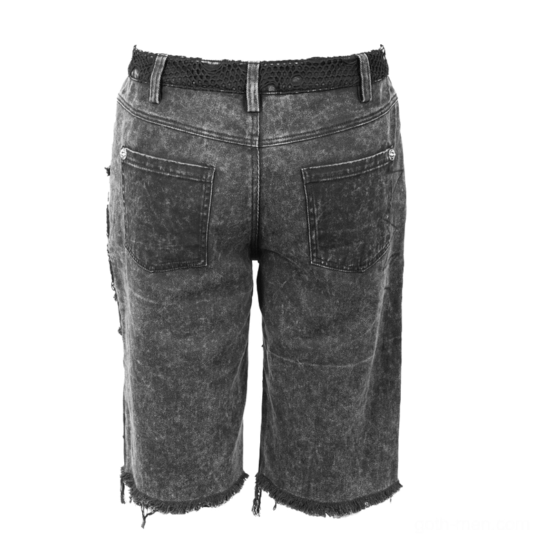 Back view of gothic punk denim shorts showing dual rear pockets acid washed finish and frayed raw hem edge detail