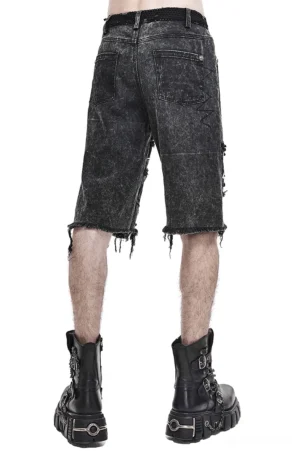 Rear view of gothic punk denim shorts showing acid washed black finish frayed hem and dual back pockets with metal button details