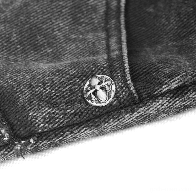 Gothic punk denim shorts showing structural seams metal hardware and distressed design elements studio background