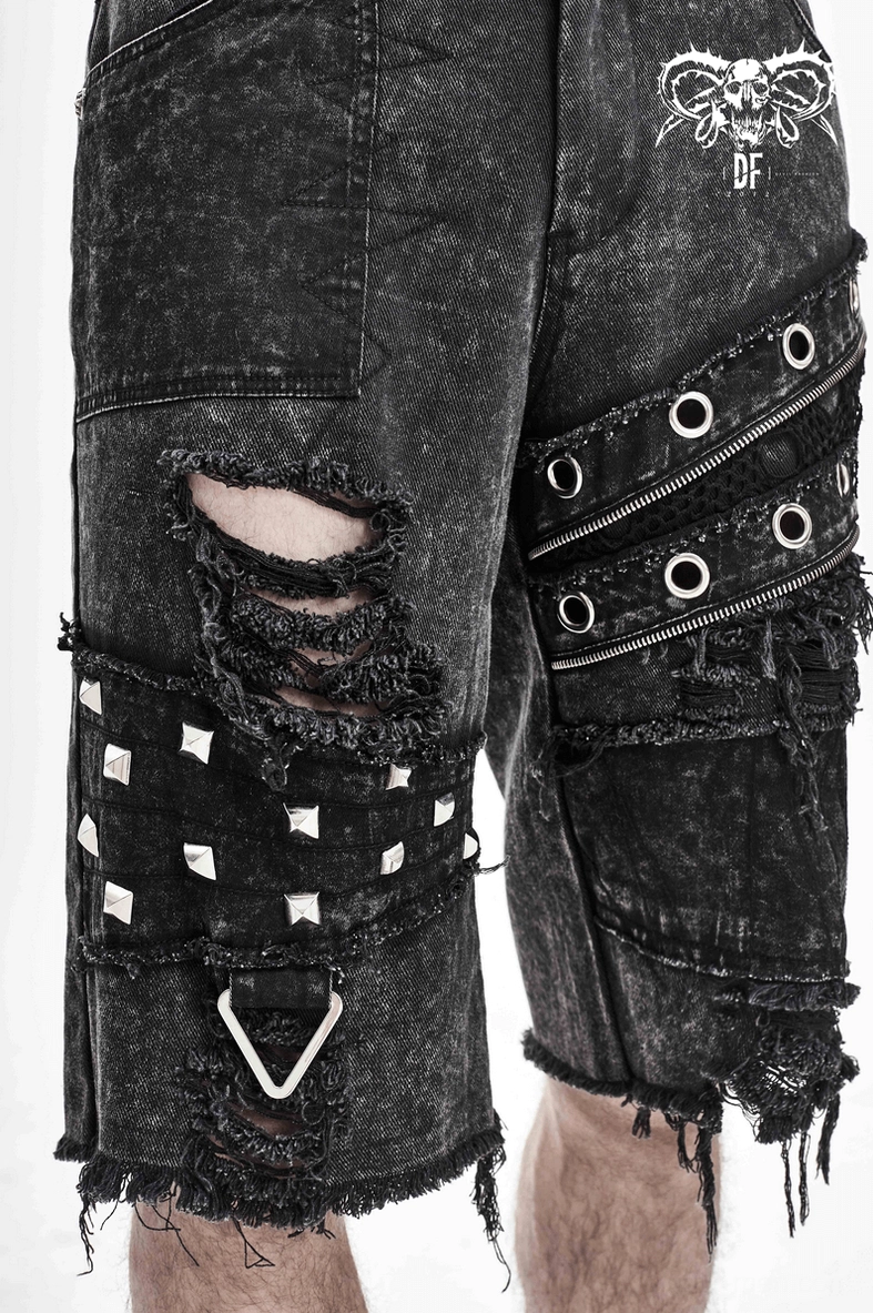 Gothic punk denim shorts complete styling detail front and side angles showing overall fitted silhouette black finish