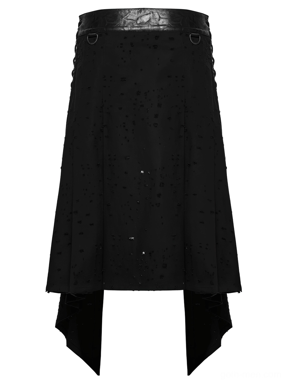 Minimalist gothic punk skirt front flat lay with distressed black denim and pointed asymmetric hem