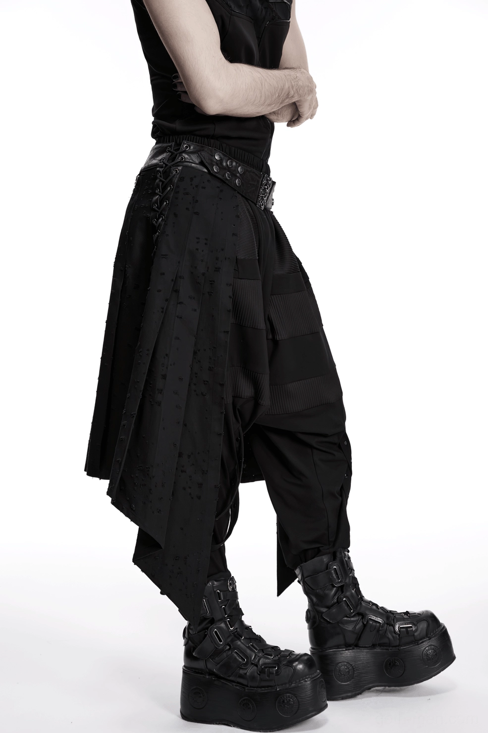 Gothic punk skirt detail shot highlighting industrial studs and metal waistband construction