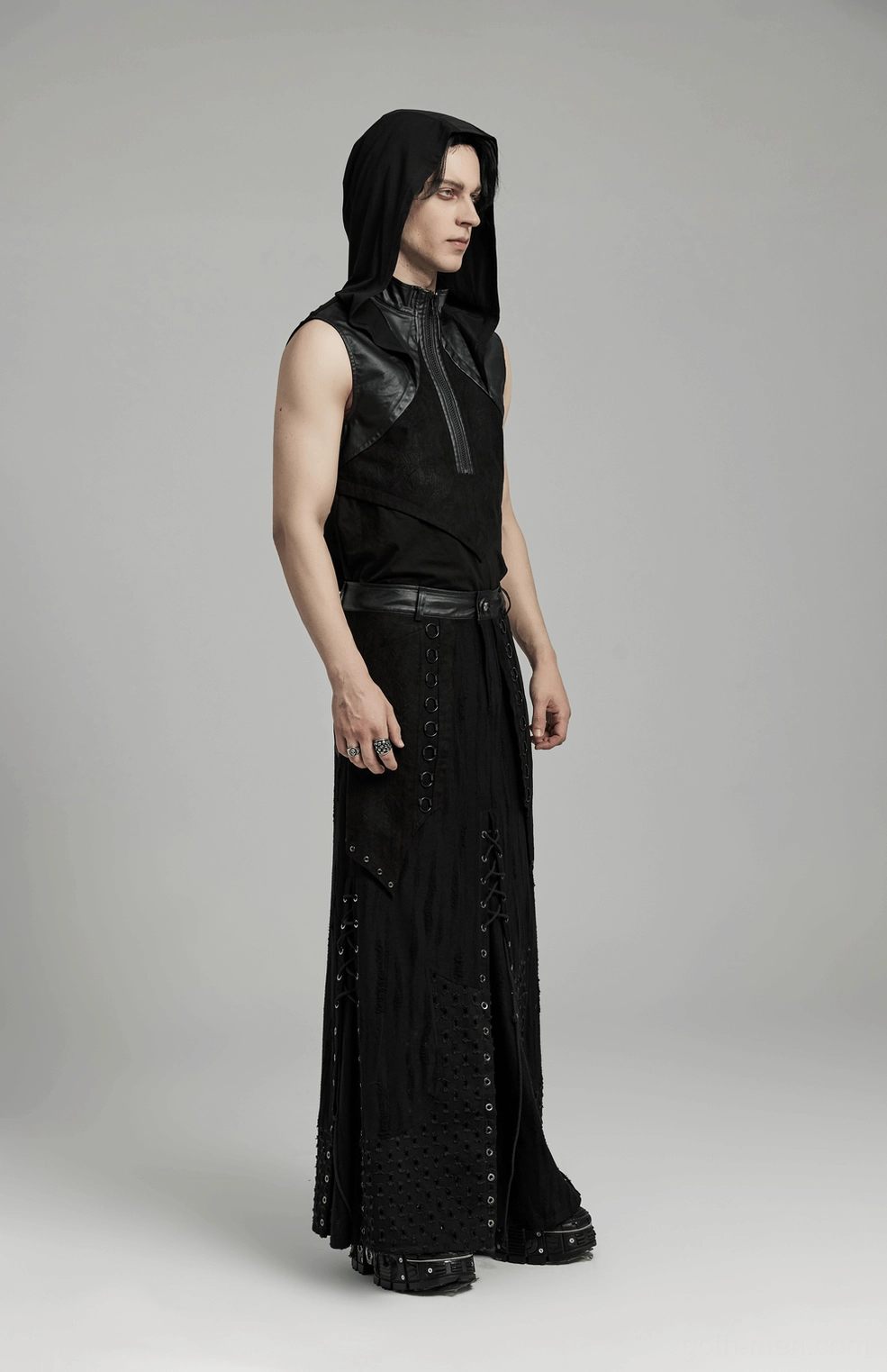 Black gothic punk skirt styling detail showing iron ring front movable piece and lace-up articulation feature