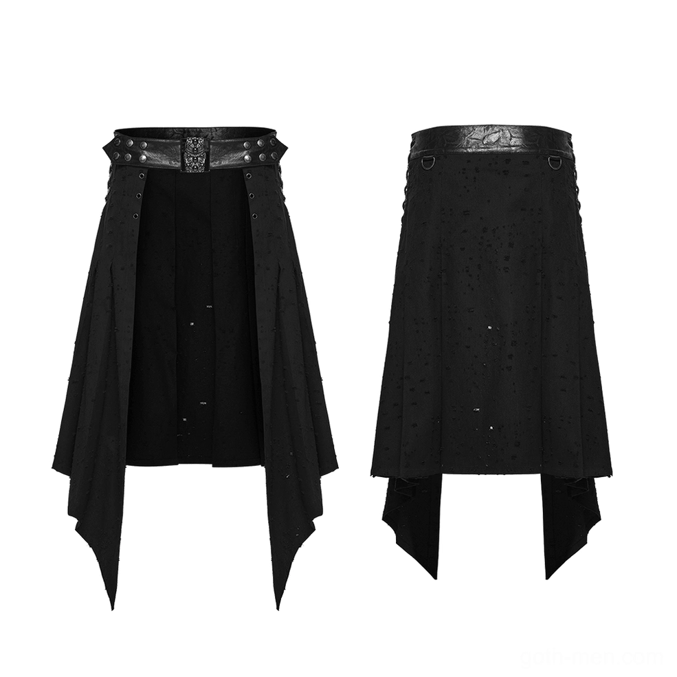 Two black gothic punk skirts flat lay top-down view showing perforated denim and studded waistband