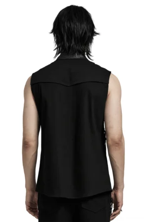 Gothic punk mesh sleeveless shirt rear view showing solid black back with fitted shirt yoke construction