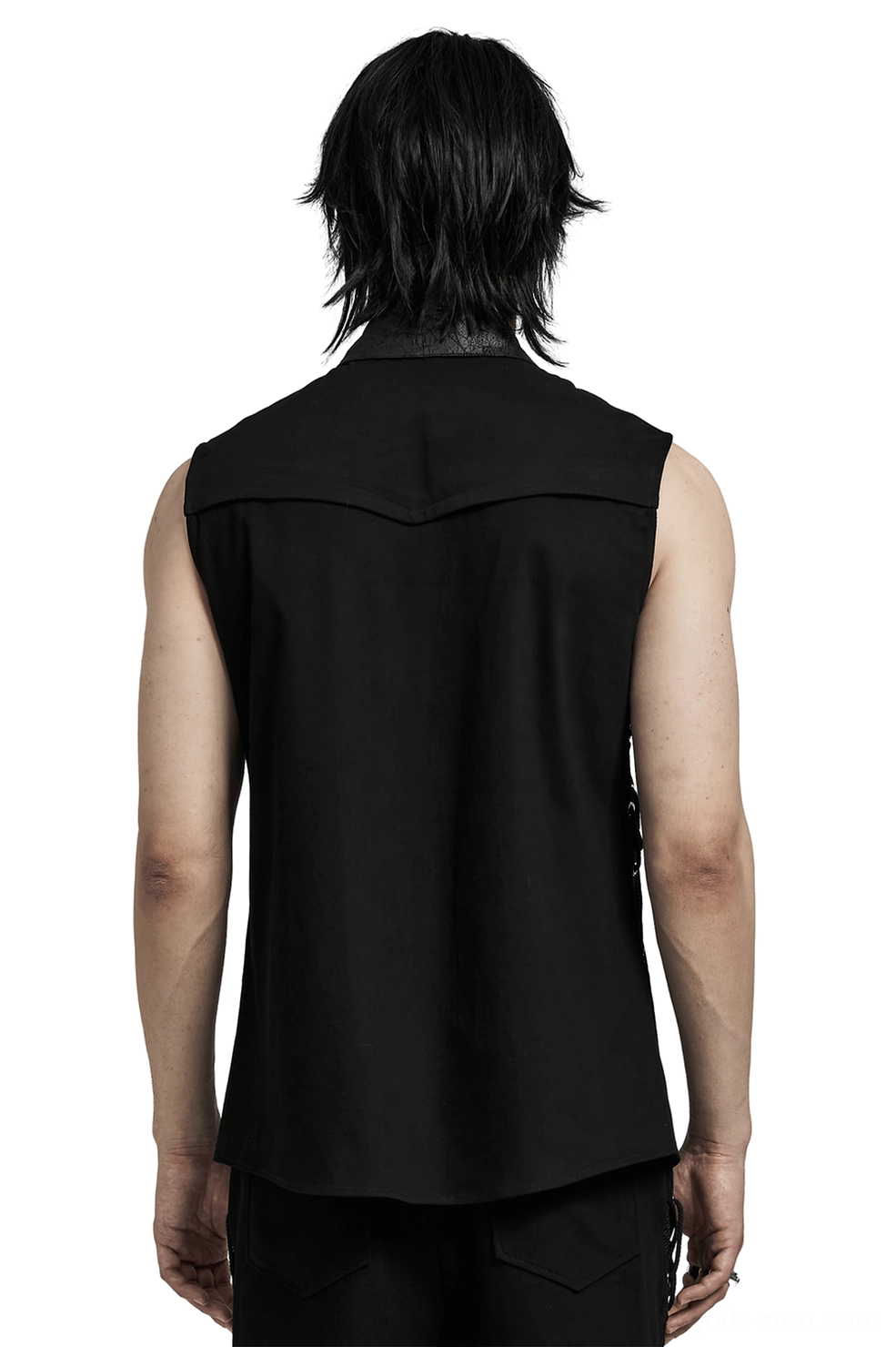 Gothic punk mesh sleeveless shirt rear view showing solid black back with fitted shirt yoke construction