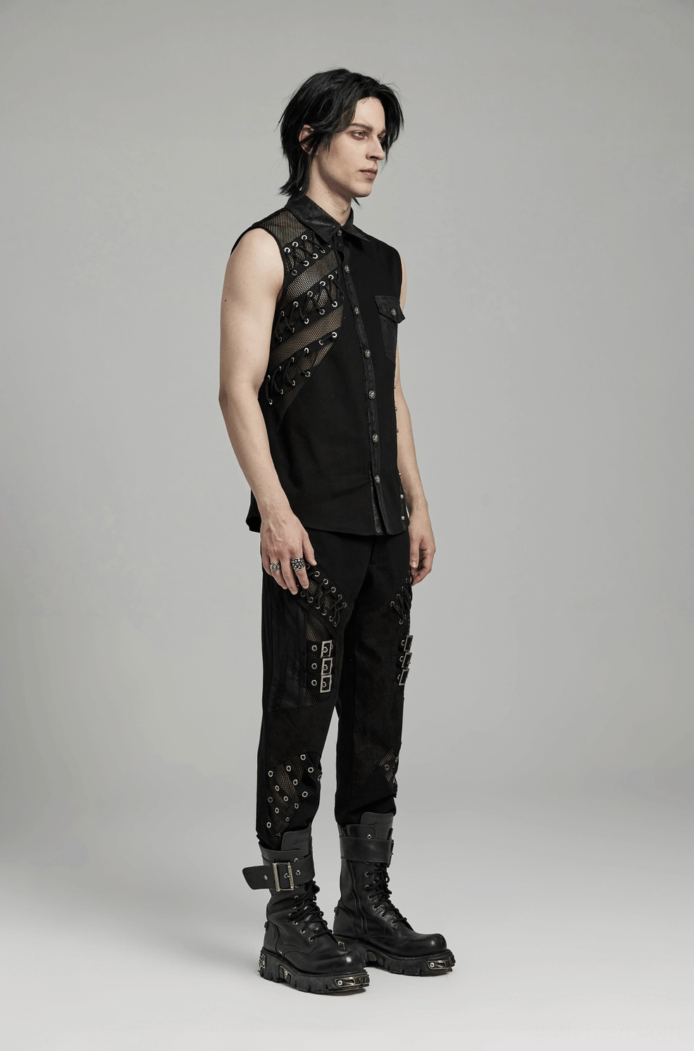 Gothic punk mesh sleeveless shirt full product shot showing complete silhouette and black color depth