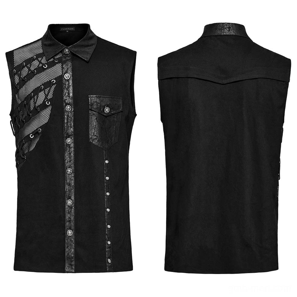Asymmetric gothic punk sleeveless shirt flat lay front and back showing mesh panels and chest pocket detail