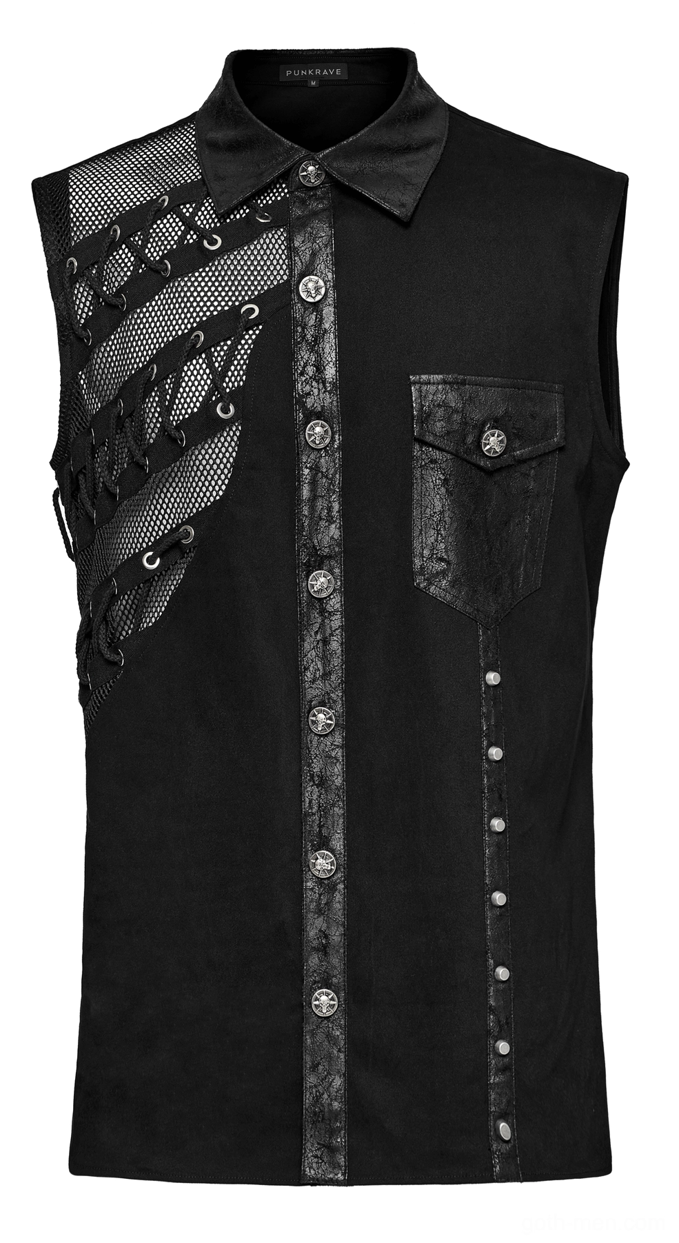 Gothic punk mesh sleeveless shirt front flat lay with studded button placket and asymmetric design detail