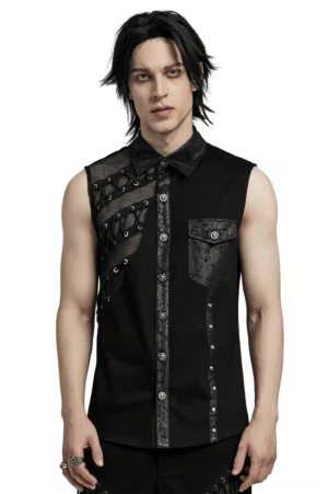 Men's asymmetric mesh gothic punk sleeveless shirt front view with studded placket and grommet lace-up panels