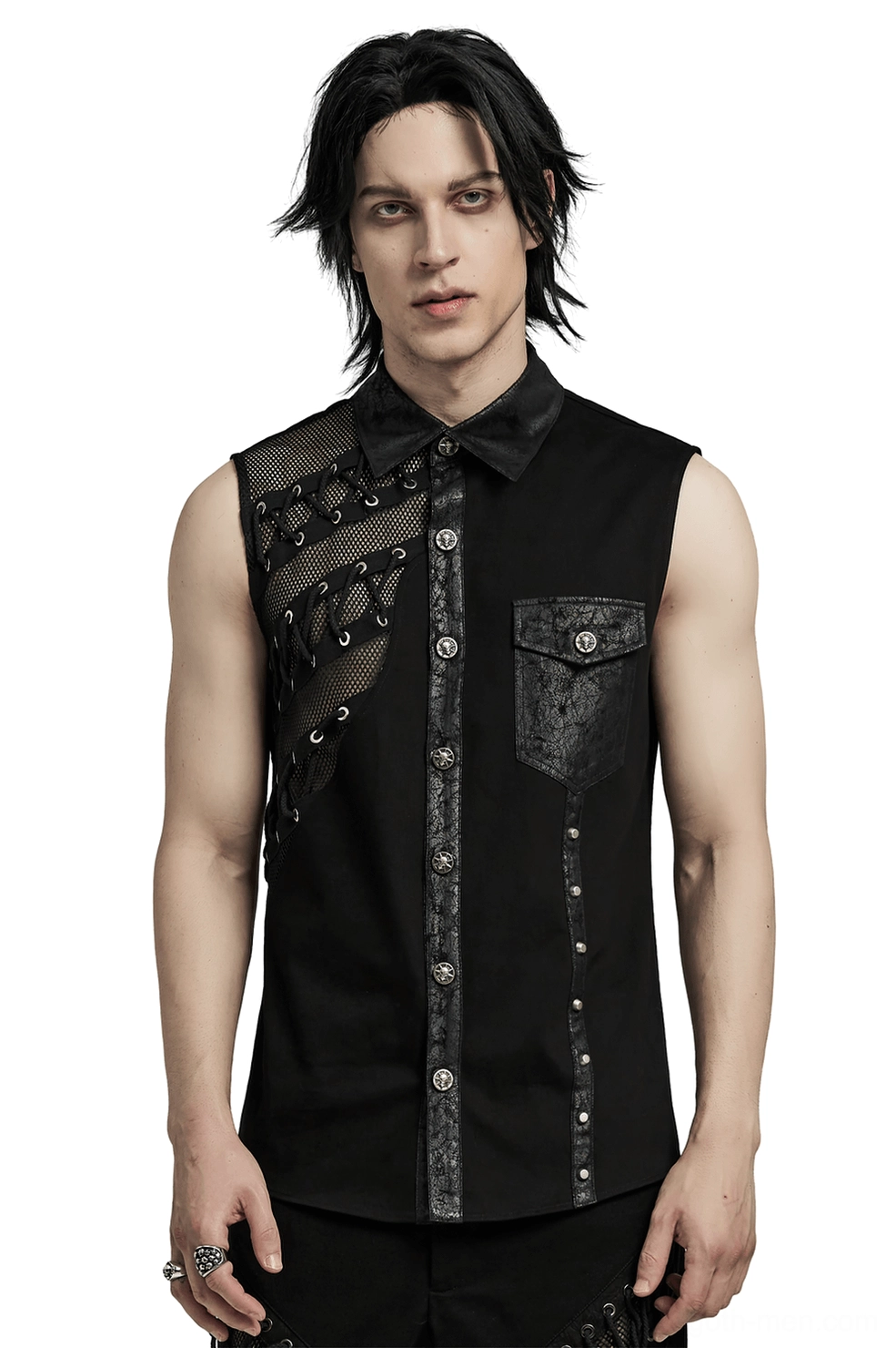 Men's asymmetric mesh gothic punk sleeveless shirt front view with studded placket and grommet lace-up panels