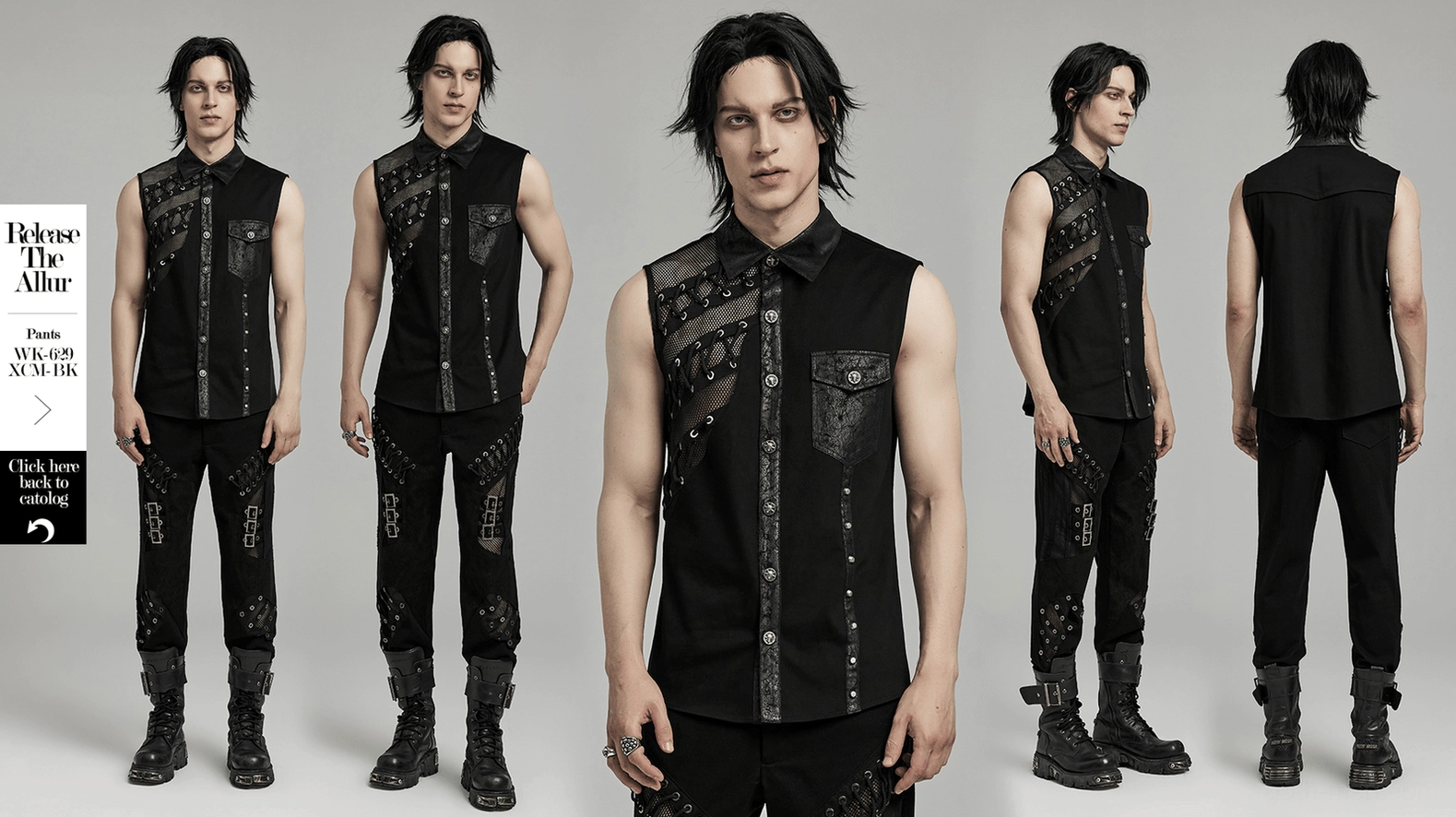 Alternative fashion gothic punk sleeveless shirt detail showing mesh splice, rivets, and asymmetric panel construction