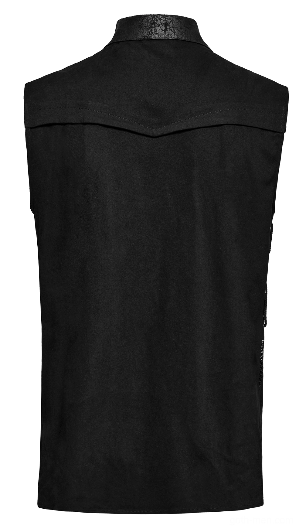 Gothic punk mesh sleeveless shirt rear flat lay displaying plain black back and authentic shirt yoke seaming
