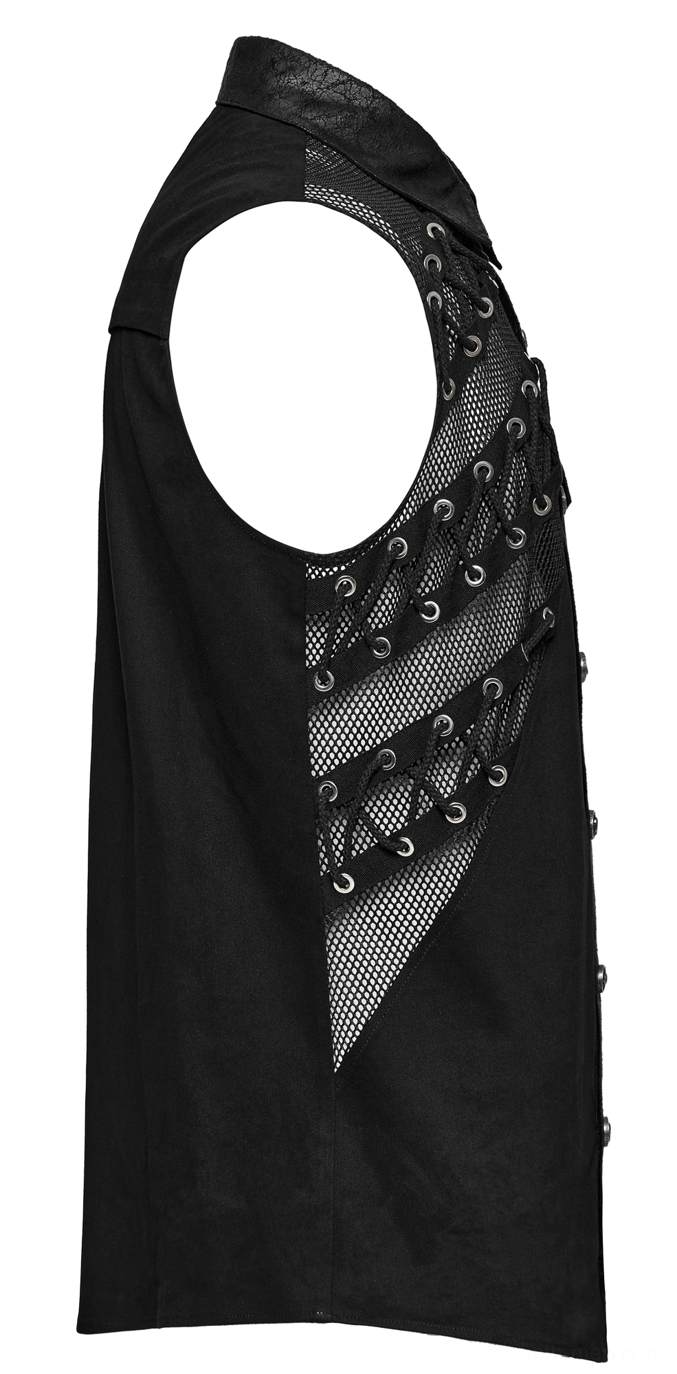 Sleeveless gothic punk shirt side view showing grommet lace-up mesh panel and precise asymmetric construction