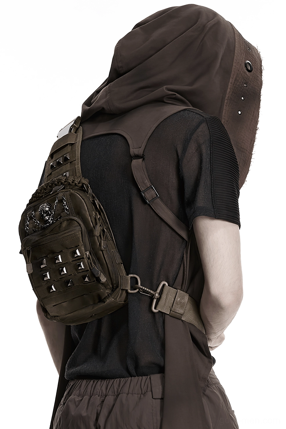 Full view of gothic punk crossbody sling bag showcasing waterproof nylon construction and stud embellishments