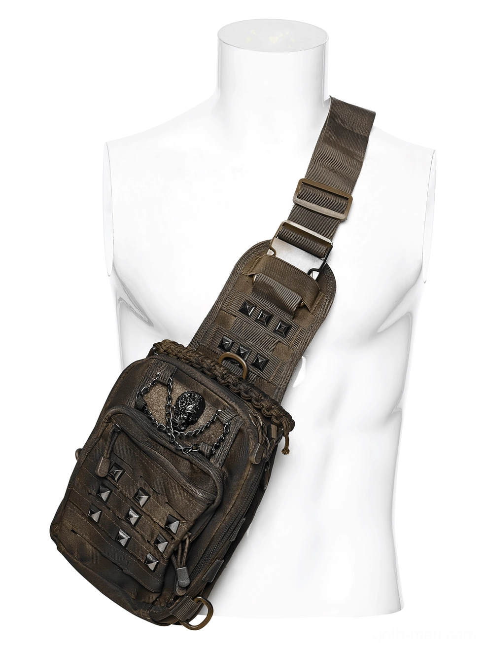 Front display view of punk gothic sling bag with skull ornament and multi-pocket tactical design on white mannequin