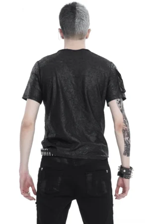 Gothic punk t-shirt back view showing cracked fabric and chain accents on tattooed male model