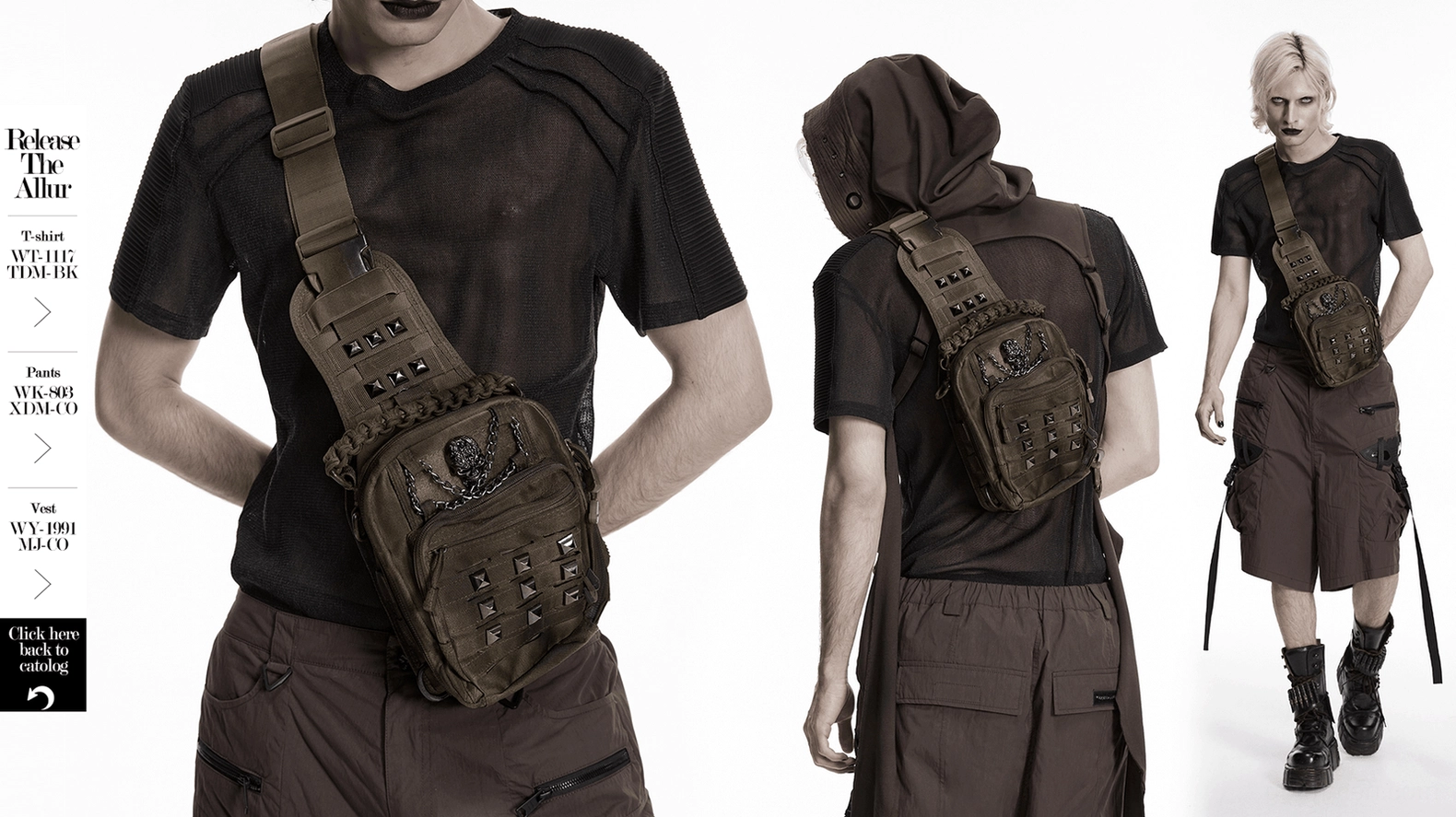 Tactical gothic punk crossbody backpack featuring adjustable shoulder strap and functional pocket system