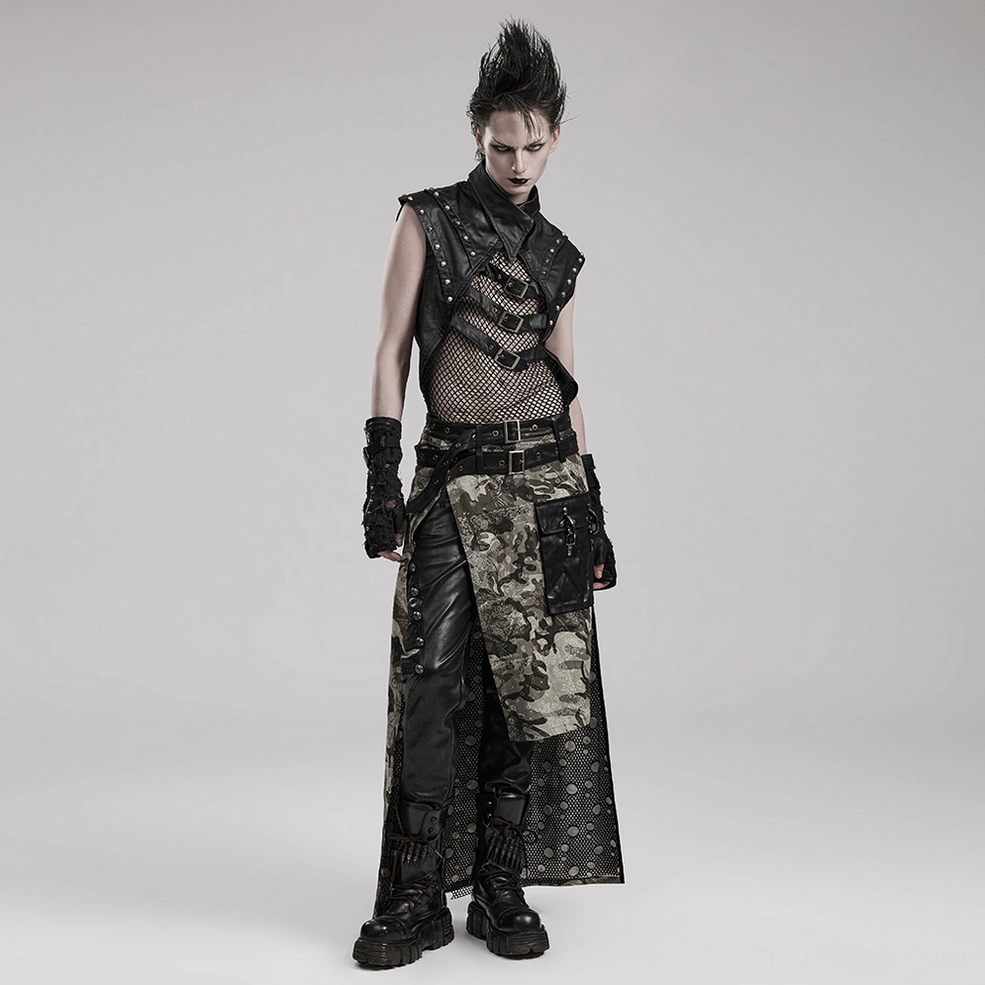 Gothic punk tank top sleeveless design - rivets and metal buckles on black mesh fabric