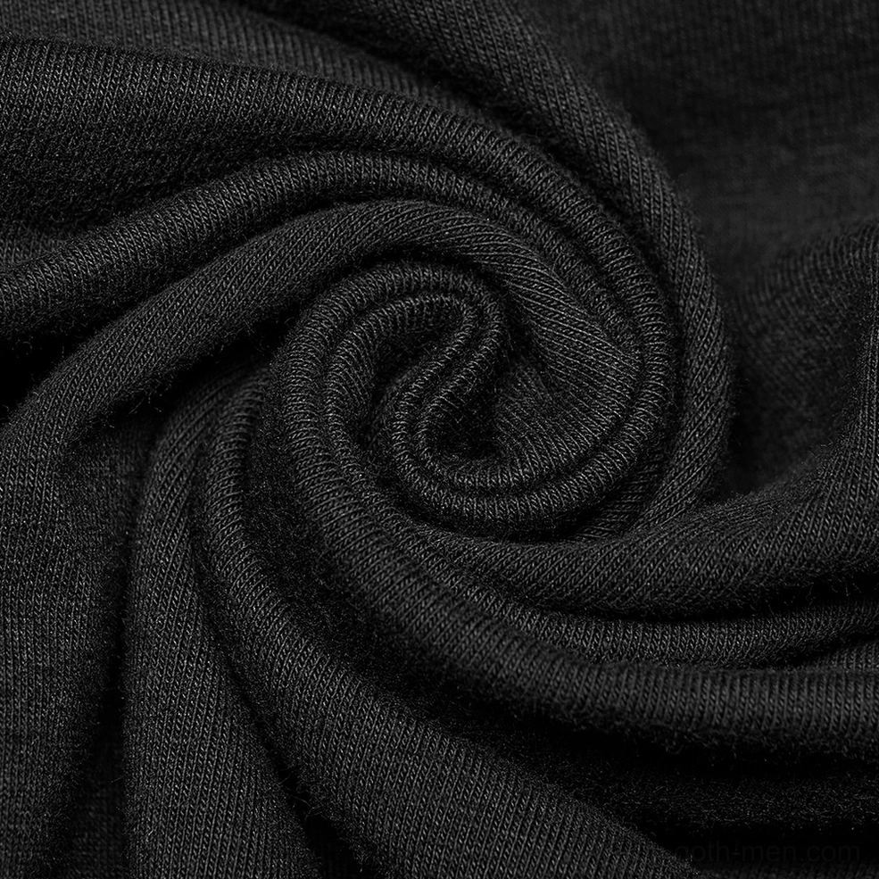 Fabric close-up showing soft black cotton knit texture of asymmetric gothic punk t-shirt