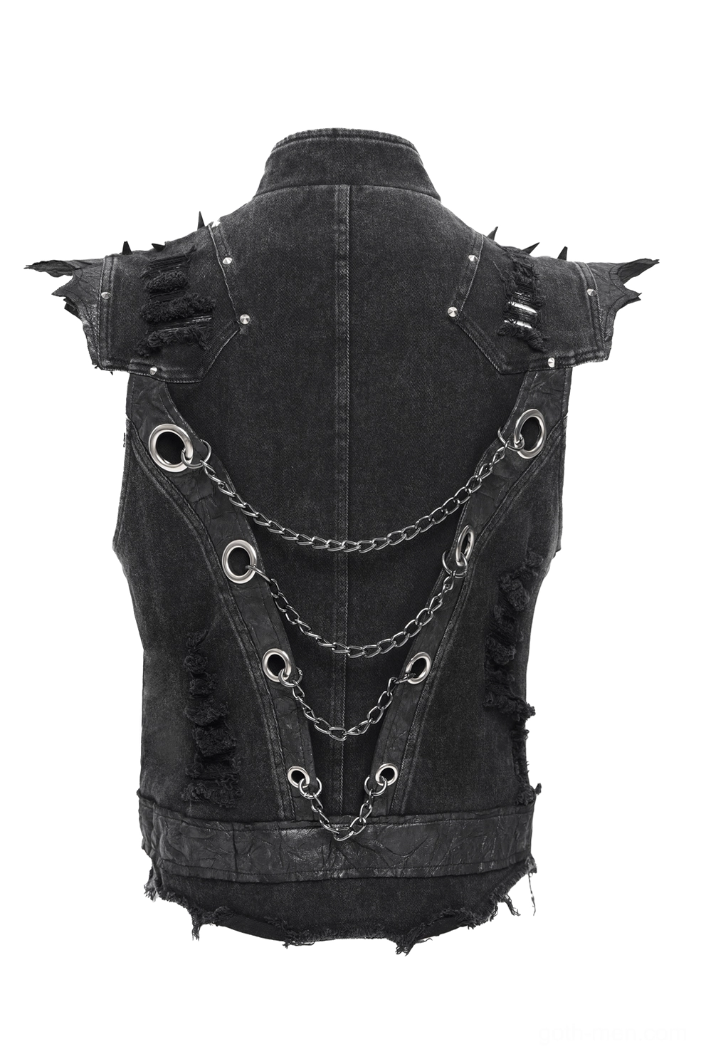 Rear full view of black gothic punk denim vest with multi-layer chain decorations and studded spiky shoulders
