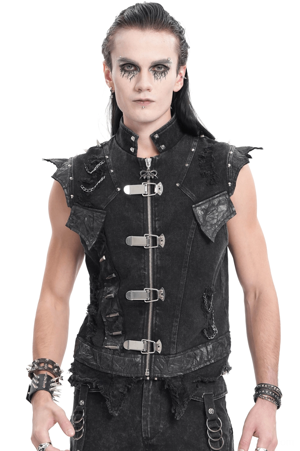 Black distressed gothic punk denim vest front view with metal buckles and chain details on male model