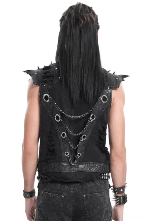 Rear view of black gothic denim vest showcasing cascading chain decorations and studded back details