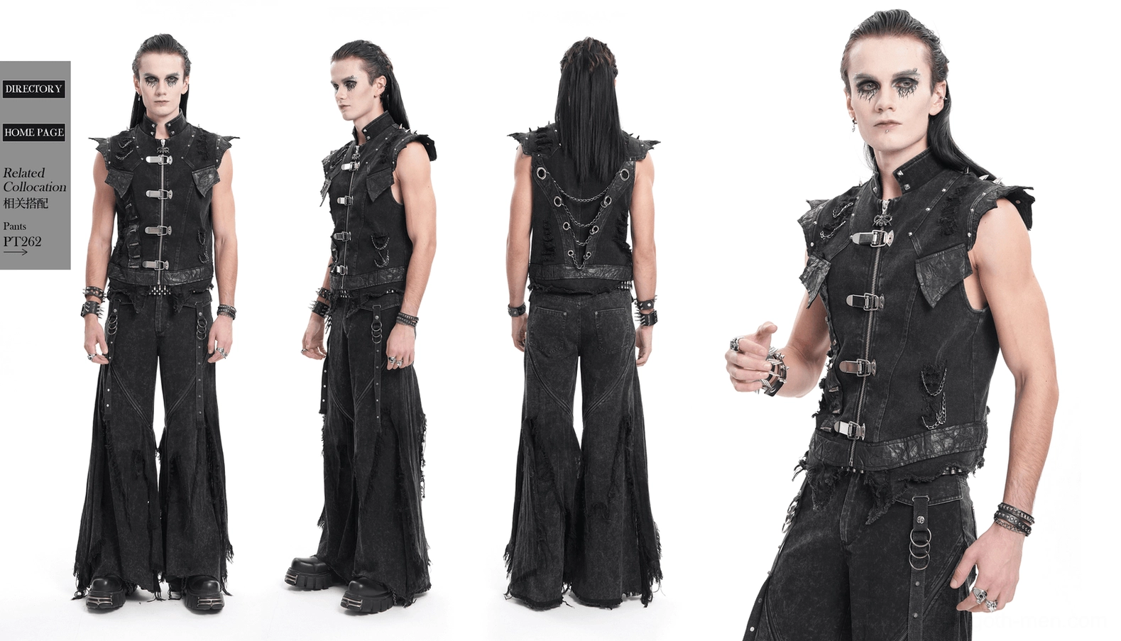 Complete styling view of black gothic punk denim vest with chains buckles and spikes for alternative fashion