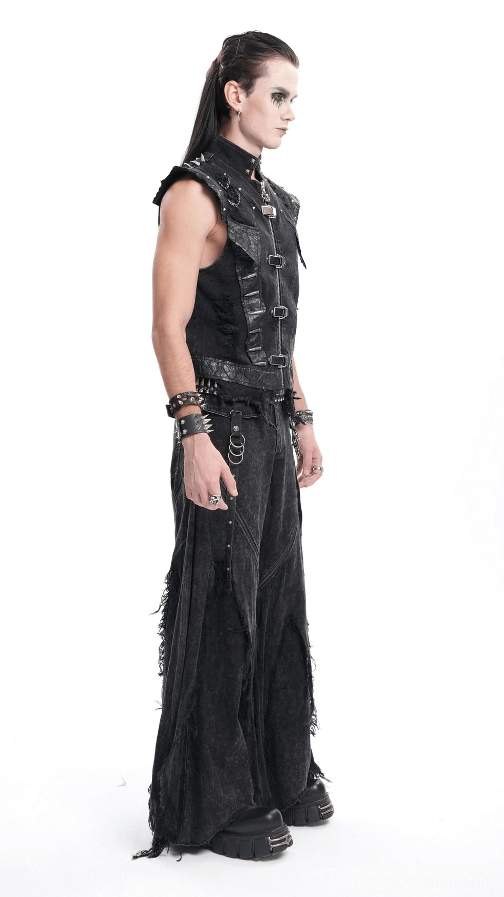 Black gothic punk denim vest showing distressed fabric quality and industrial metal embellishment placement