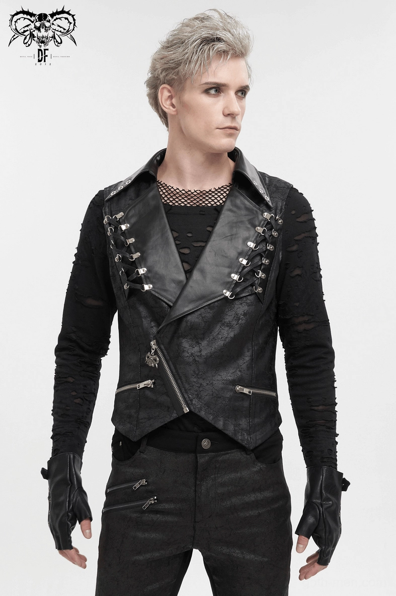 Gothic punk black vest with metal eyelets and side zippers displayed flat lay showing construction
