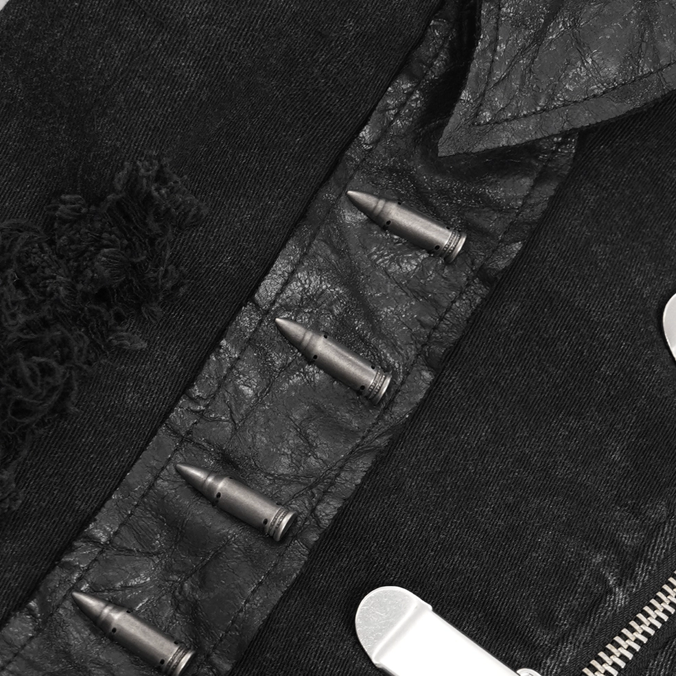 Black gothic punk denim vest with frayed asymmetrical edges and bold metal buckle system details