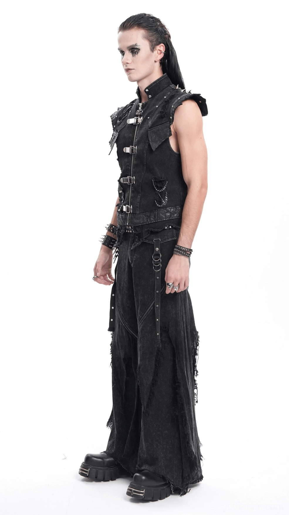 Front angle of black gothic punk sleeveless denim vest with full chain and metal buckle hardware display