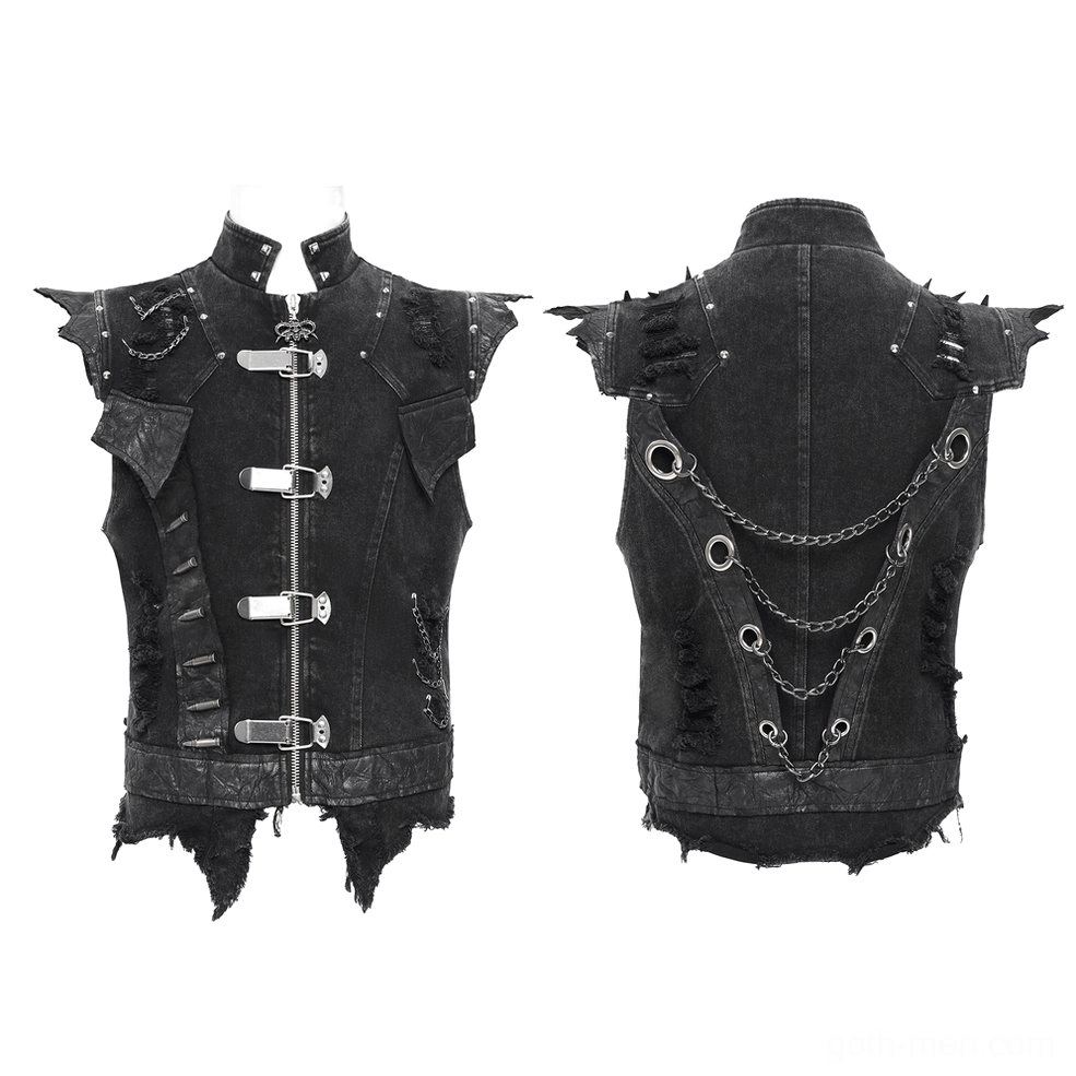 Dual mannequin display of gothic punk denim vest front and back with metal hardware and distressed edges