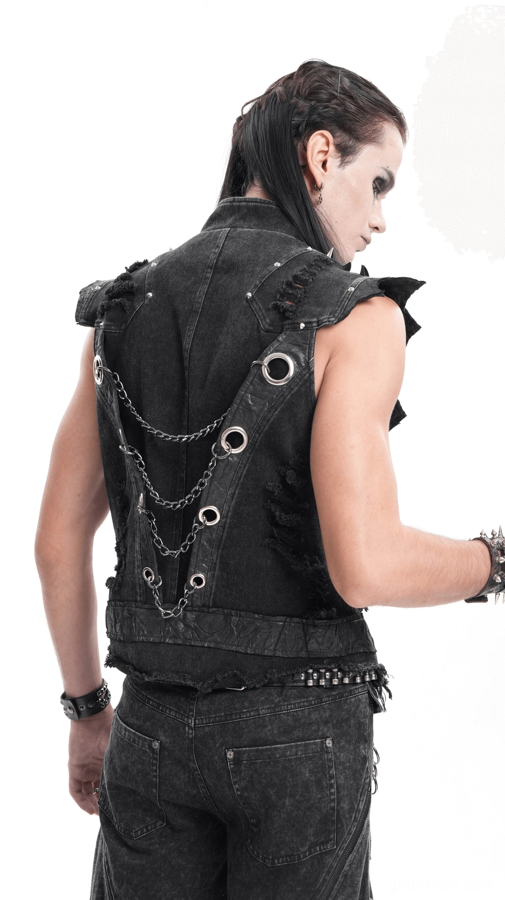 Sleeveless black gothic punk denim vest front closure system with metal zipper and stud details