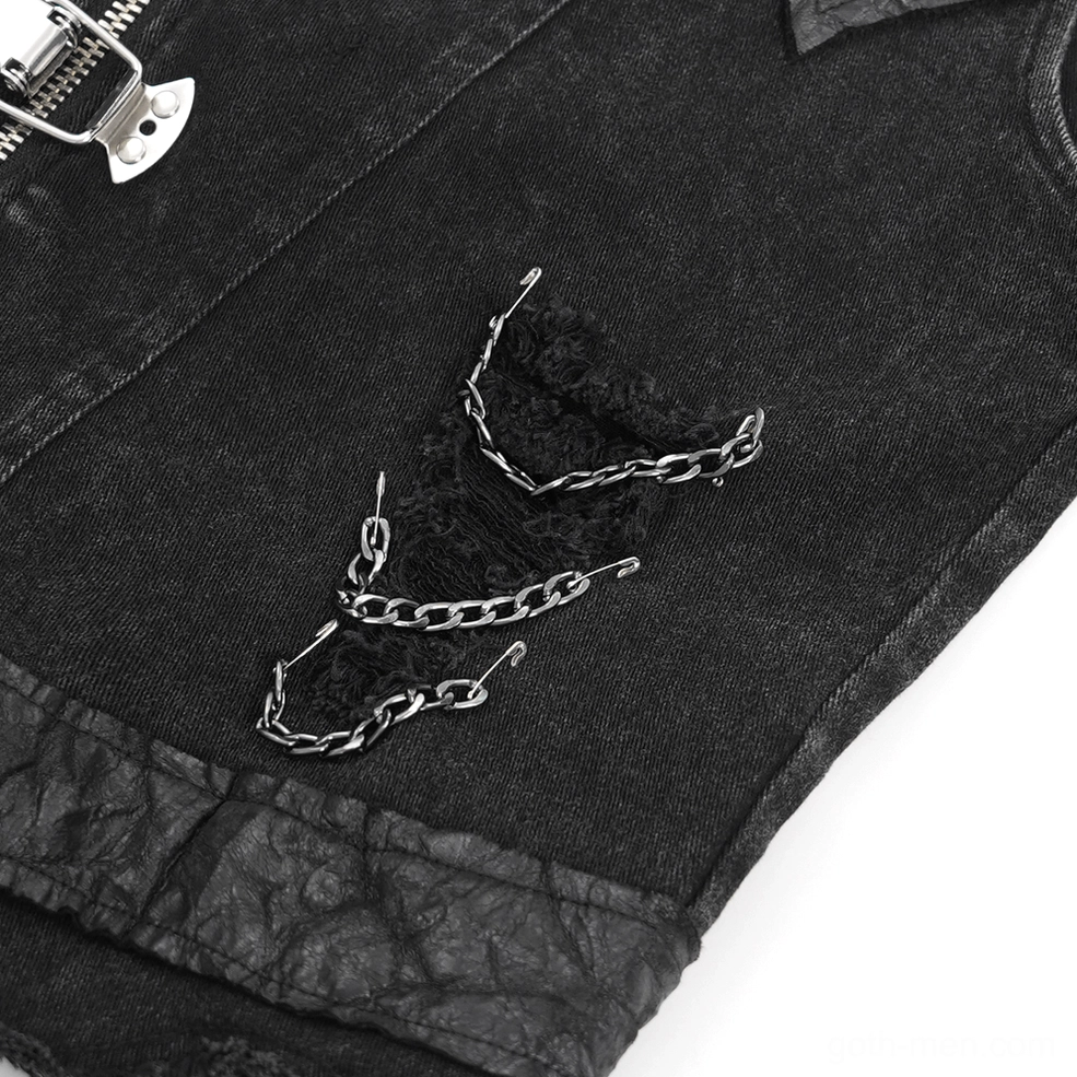 Distressed black denim gothic punk vest with industrial metal hardware and chain attachment points