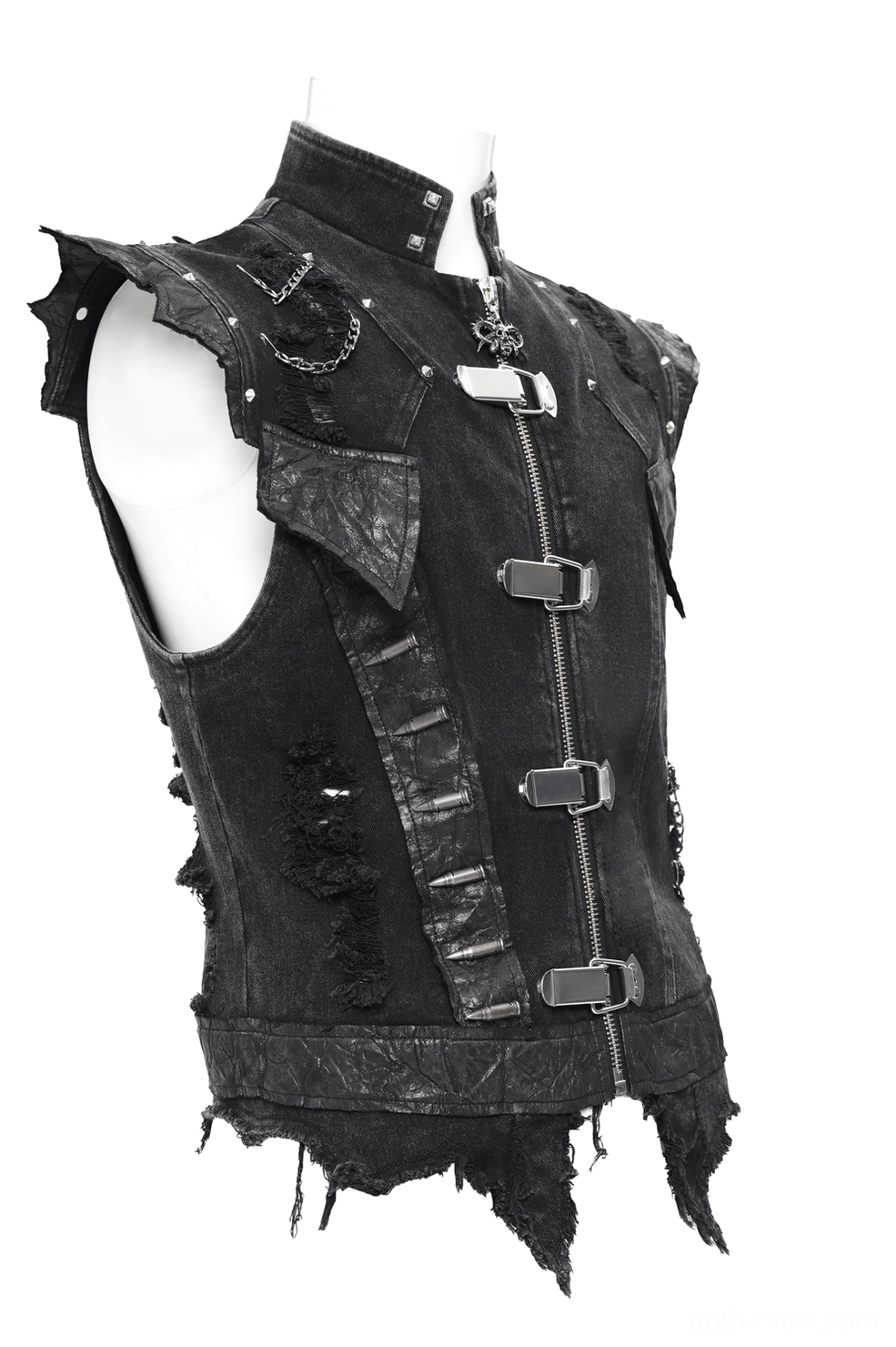 Left side view of black gothic punk denim vest with stand collar studded shoulder hardware and metal buckles