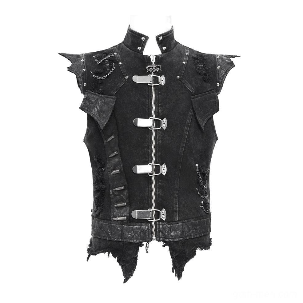 Full front view of black distressed gothic denim vest on mannequin with stand collar and spiky shoulder hardware