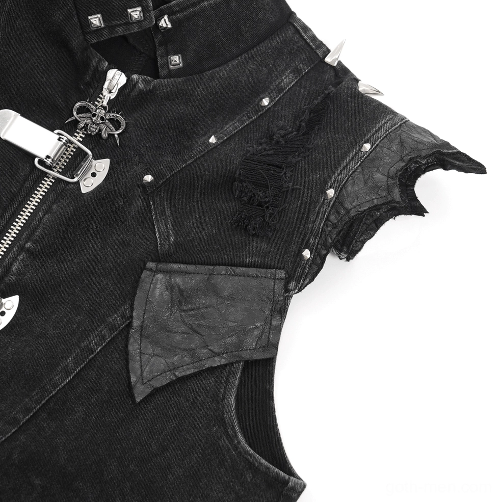 Black gothic punk sleeveless denim vest featuring metal zipper hardware and chain embellishments