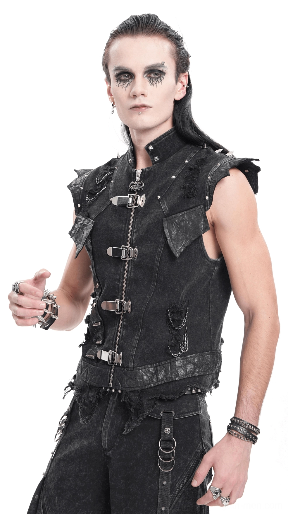 Black gothic punk denim vest worn by model showing chain drape movement and overall silhouette effect