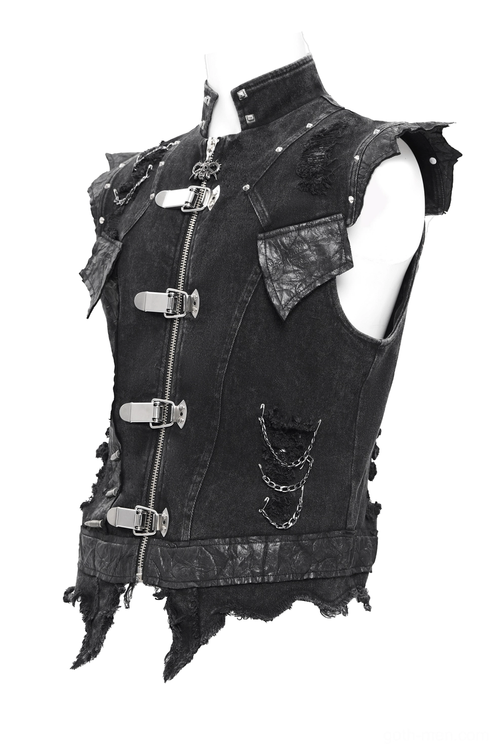 Right side profile of black gothic punk denim vest showing asymmetrical frayed hem and chain accent details