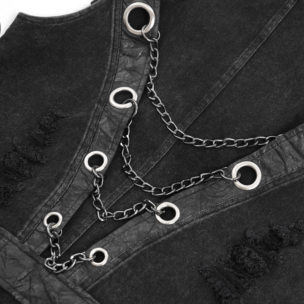 Black distressed gothic punk denim vest texture detail showcasing wear pattern and synthetic leather accents
