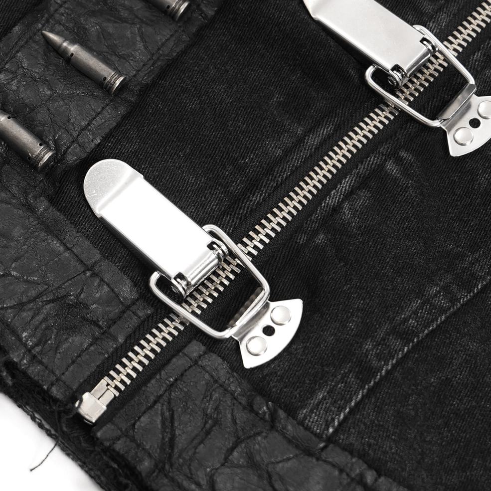 Gothic punk denim vest worn styling showing chain drapes movement and metal buckle placement on wearer