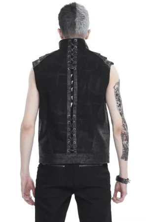 Punk gothic vest rear view on model showing lace-up back design with metal eyelets