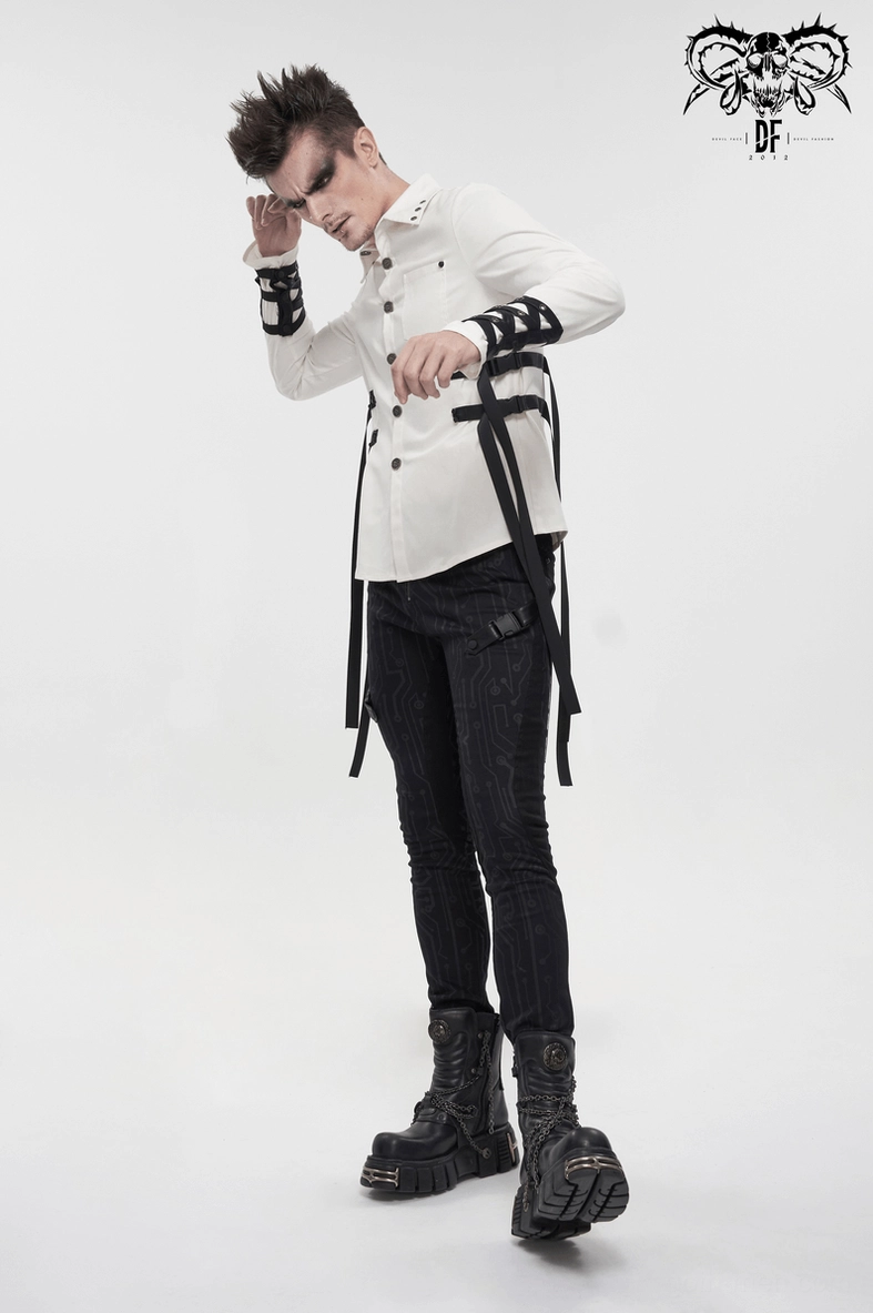 White gothic punk shirt rear view showing back pocket and dual nylon strap placement on model