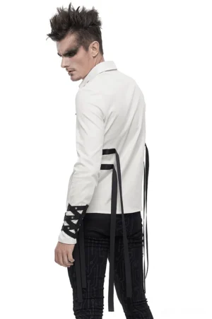 White gothic punk shirt rear side view on male model wearing black patterned trousers, showing back strap details