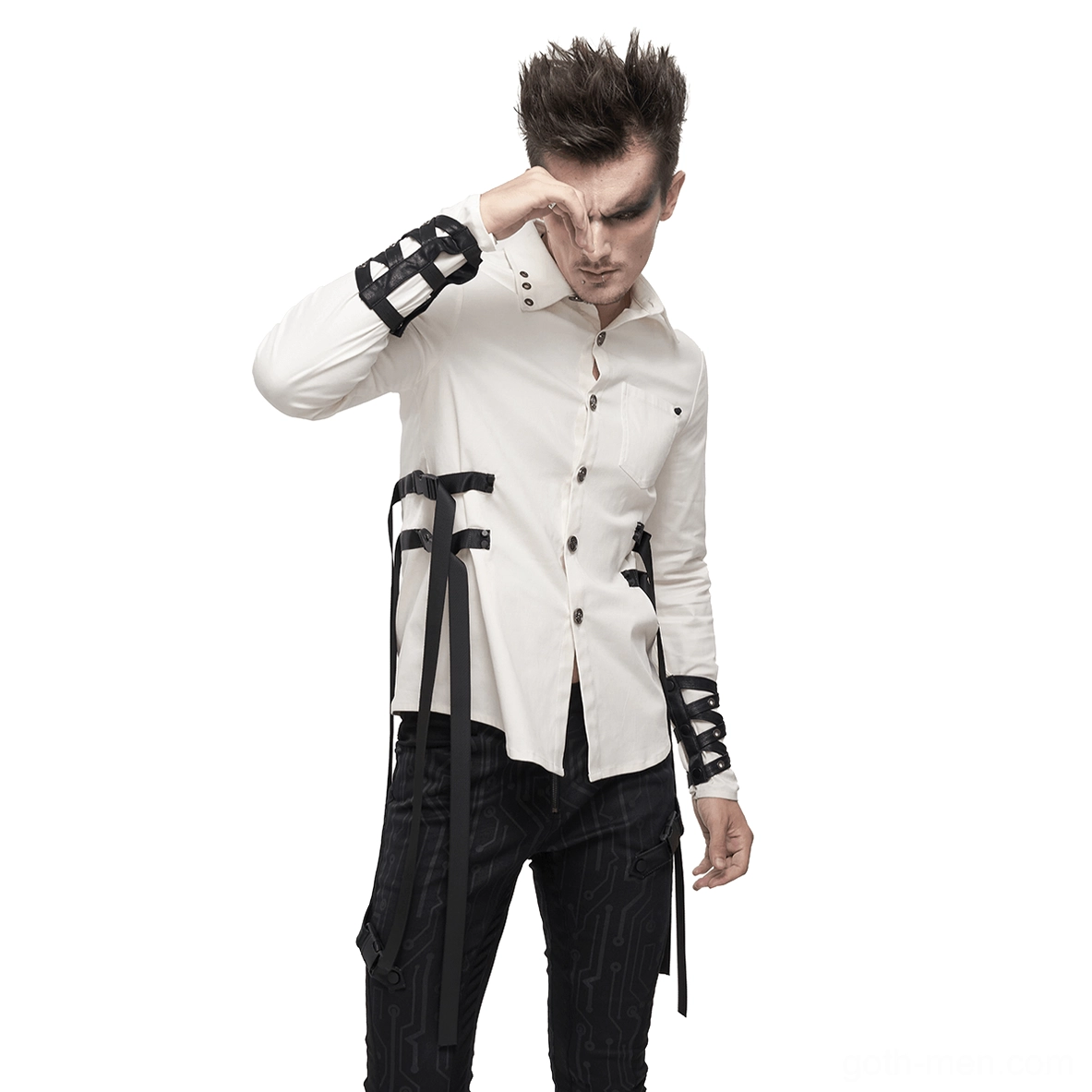 Gothic punk white long sleeve shirt detail showing construction quality and metal buckle accents on straps